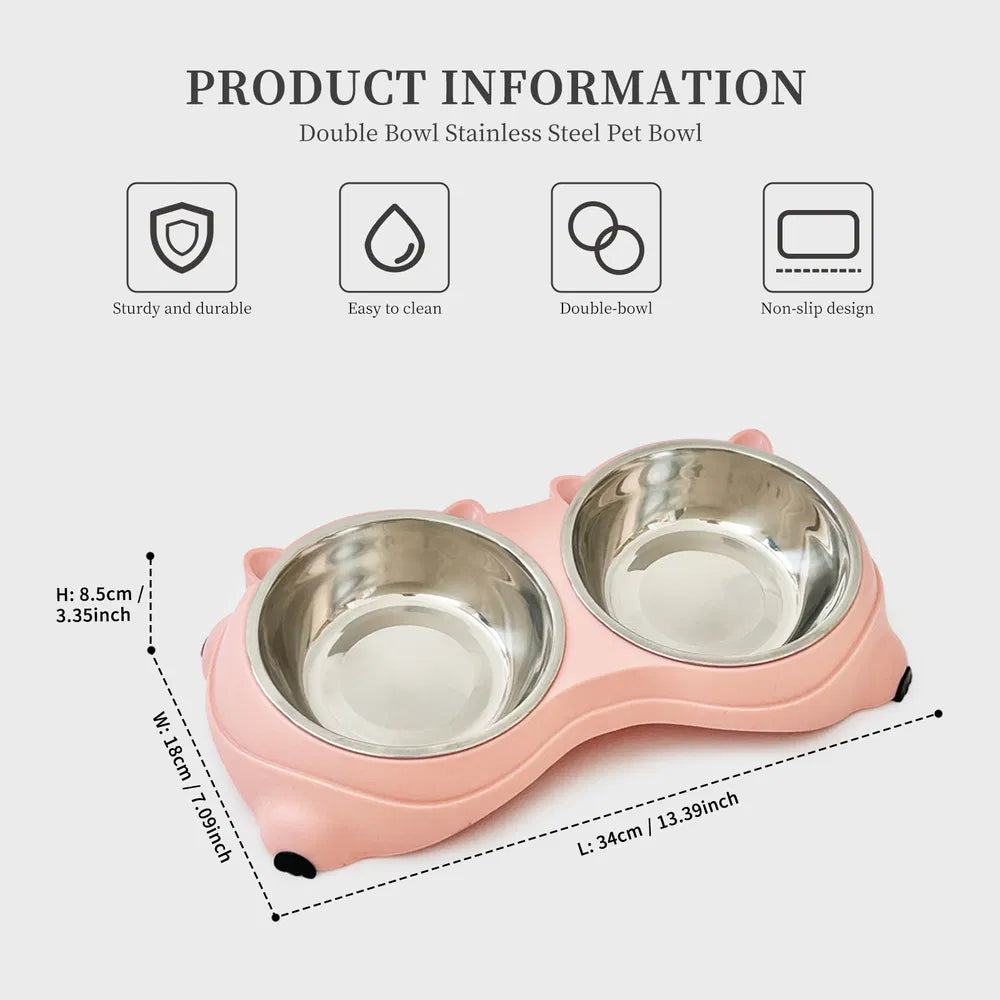 Macaron Pink-Dual Stainless Steel Pet Bowls, 600ml Each, Non-Slip, Dishwasher Safe For Small-Medium Pets